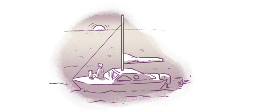 An illustration of a boat on the water. Jam and the blog are looking out at the setting sun over the horizon