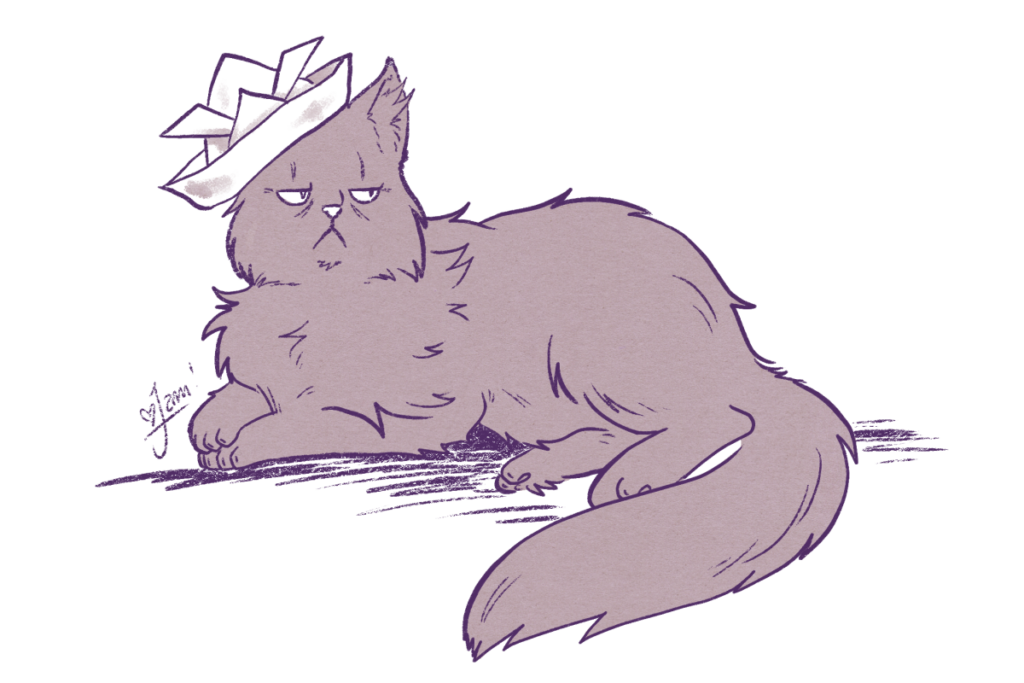 An illustration of a grey Persian cat in an origami hat