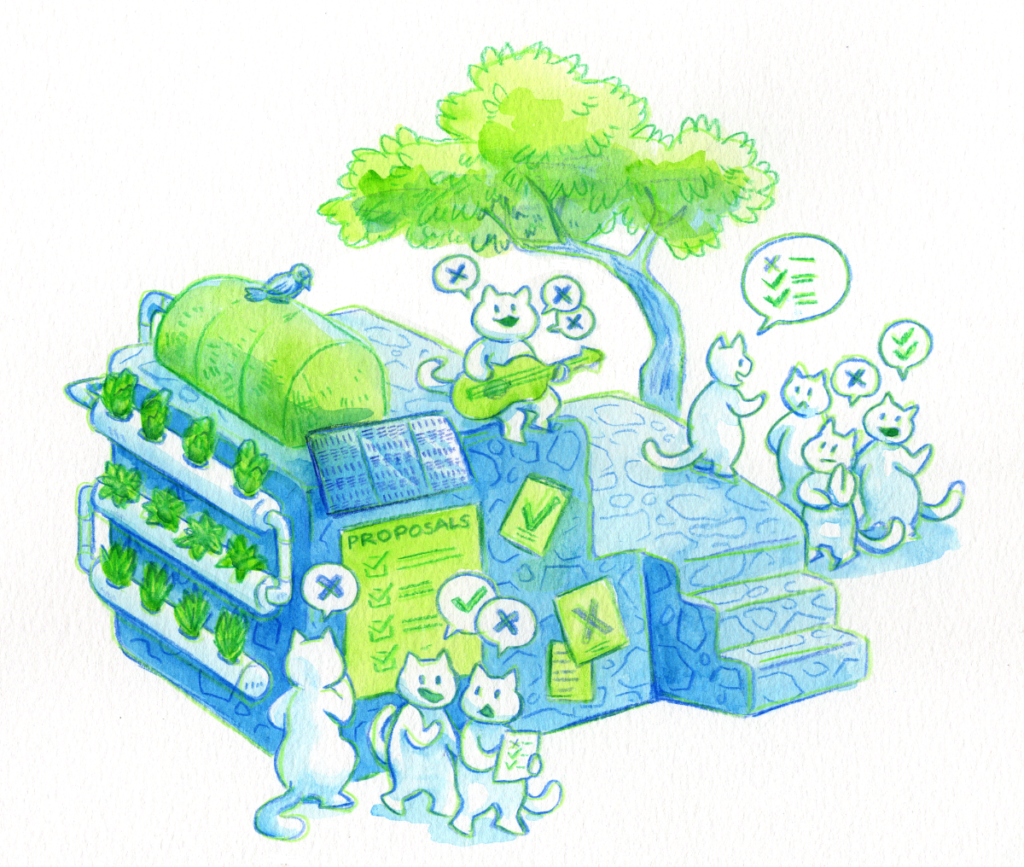 A watercolour illustration of little white cats clustered around a small building. There are proposals on a poster outside and the cats are vigorously debating them. We can also see some hydroponics, water storage and solar around the building