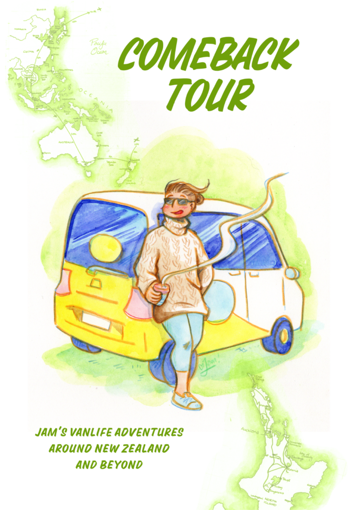 The cover to "Comeback Tour" zine, featuring jam standing next to a tiny van. In the background is a map showing New Zealand, Australia, and Asia...