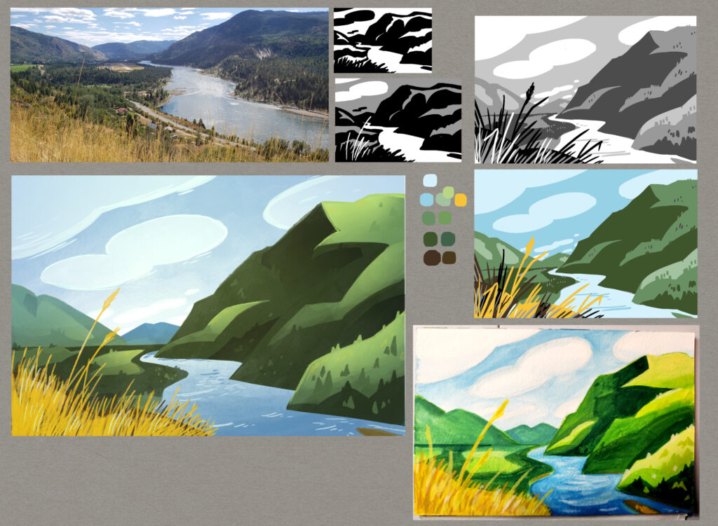 A collage of images, in the top left is a photo of a valley, the other images are studies of that valley in various stages of completion (black and white, simple colours, gouache and final digital painting)