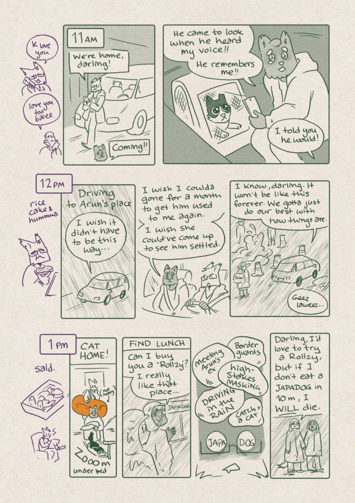 Hourly Comics Day - a strip of black and white comics, page 6
left margin panel 1: (11am today): jam and Alina end their phone call
p1 (11am yesterday): jam in the parking garage texting Aru
jam: "We're home, darling!"
Arun: "coming!!"
p2: Arun in the back seat looking at Hamewlton in the carrier. Hamewlton is staring back at him with sparkles in his eyes.
Arun: "He came to look when he heard my voice!! He remembers me!!"
jam: "I told you he would!"
left margin panel 2: (12pm today): jam eats rice cake and hummus
p3: (12pm yesterday) driving to Arun's place in the pouring rain.
Arun: "I wish it didn't have to be this way..."
p4: inside the car
Arun: "I wish I coulda gone for a month to get him used to me again. I wish she could've come up to see him settled."
p5: Driving past a burst water main in the street.
jam: "I know, darling, it won't be like this forever. We gotta just do our best with how things are." (looking at water main: geez laweez..)
left margin panel 3: (1pm today): jam ate a salad, and drew hourlies.
p6: (1pm yesterday): Cat is Home! Arun lets Hamewlton out of the bag and he zooms under the bed. Jam is carrying The Giant Orange Duffel (but it's not heavy).
p7: Find lunch. Jam and Arun are walking in the pouring rain, past a Japadog restaurant. Arun: "Can I buy you a 'Rollzy'? I really like that place."
p8: Jam only has eyes for Japadog. On their head are the rocks of "Meeting Arun's ex", "border Guards", "high stakes masking", "Driving in the rain", "catch a cat".
p9: jam and Arun standing in the rain jam: "Darling, I'd love to try a Rollzy, but if I don't eat a Japadog in 10m, I will die."