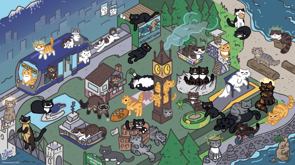 A large illustration of a Vancouver-themed Cat Cafe filled with many little cats in a Neko Atsume style