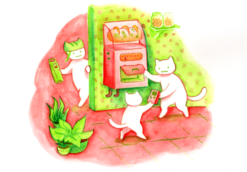 A cheerful watercolour illustration of a family of catte-people gathered inside their home near a mysterious-looking wall-mounted appliance. One of the cats is handing their child a charged-up game system. Another is coming around the corner with a bike battery ready to be recharged. The energy device looks friendly and easy to use.