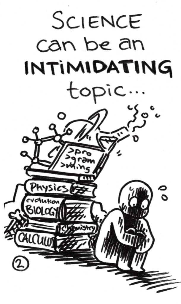 Sample page from the Science <3 comics zine explaining that science can be an intimidating topic...